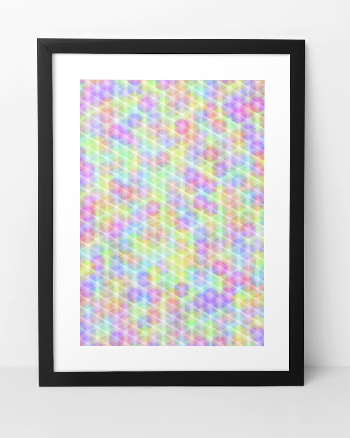 Framed abstract wall art comprised of hundreds of different coloured isometric cubes. Hung between a blue and a pink wall panel above an orange sofa.