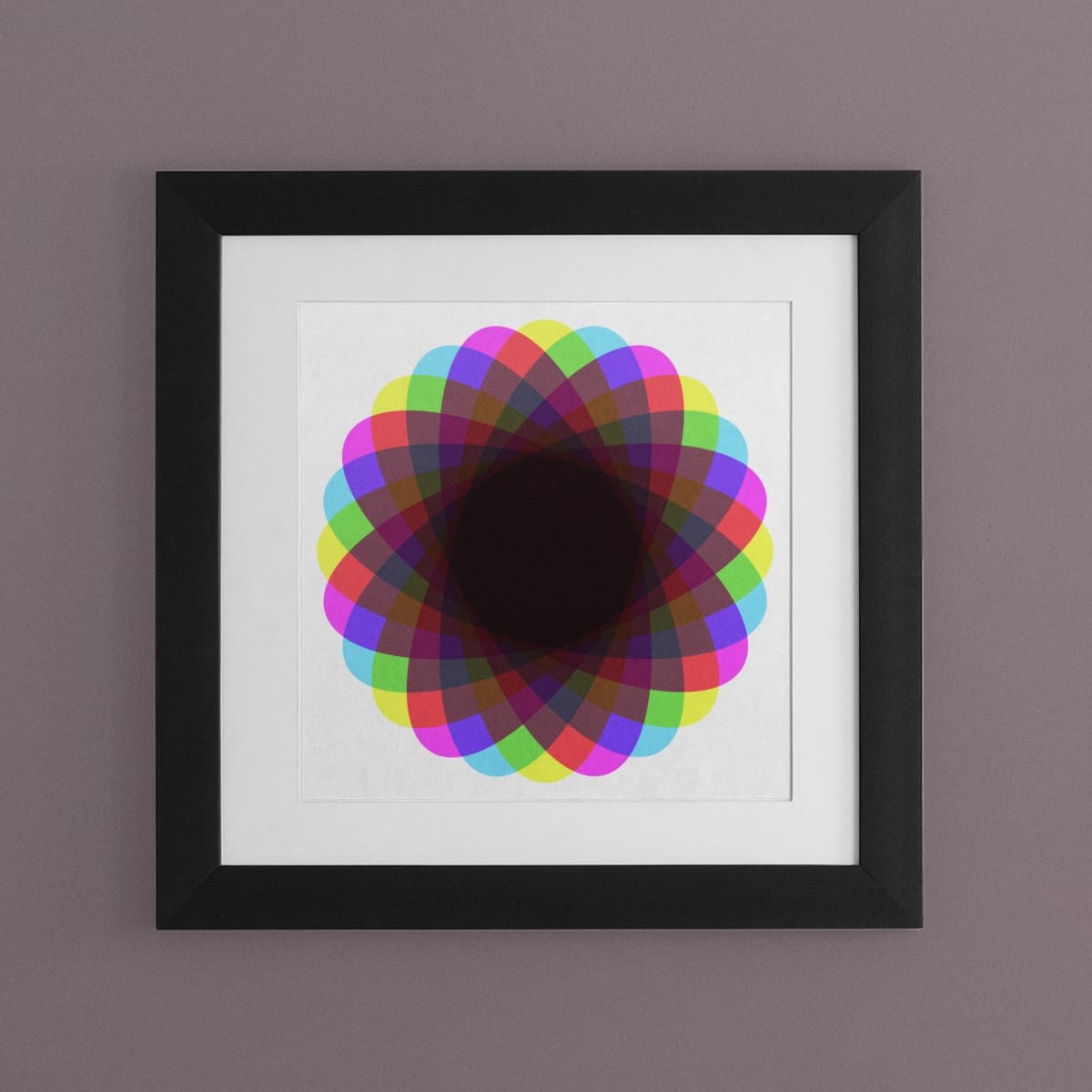 Abstract wall art, printed on art board, of cyan, magenta and yellow shapes combining to form a black star surrounded by vivid colours.