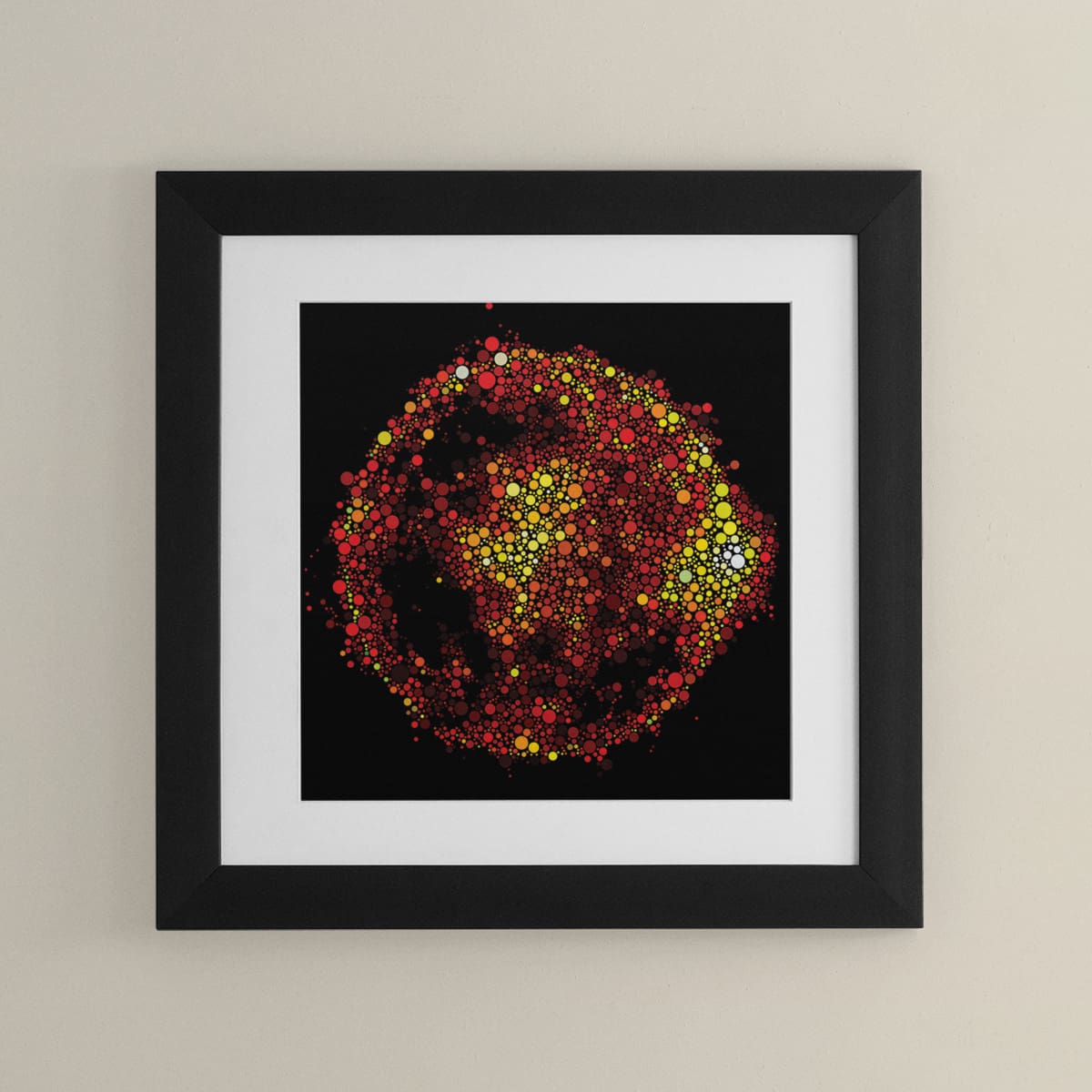 Framed artwork depicting the sun using the circle packing technique