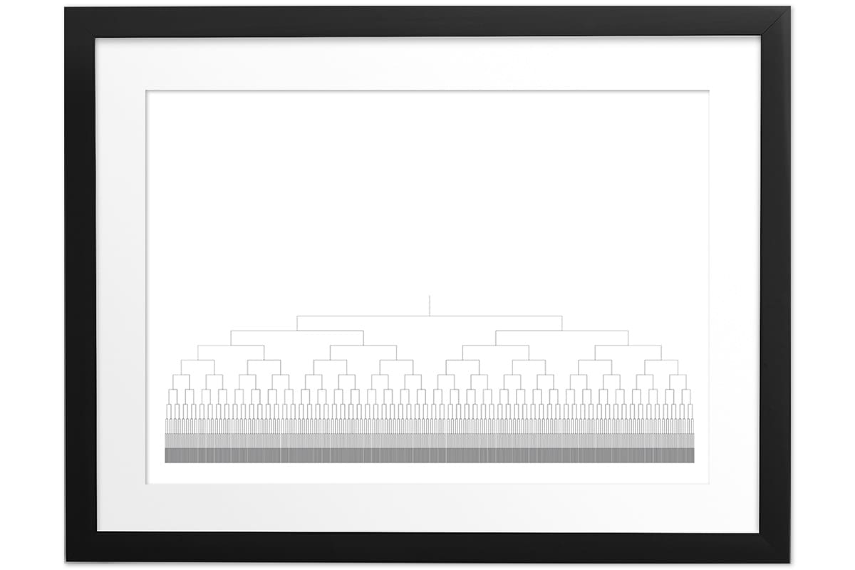 Framed black and white line drawing depicting a family tree.